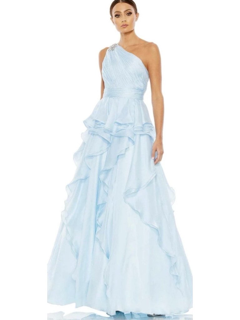 Mac Duggal Gown Dress Womens Size 8 Blue Ruffled Rhinestone Asymmetrical 49541